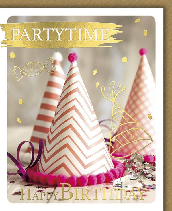 Geburtstagskarte Partytime Cheers – Konfetti & Goldfolie, Happy Birthday Festdekoration Jubiläumskarte