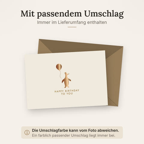 Geburtstagskarte "Pinguin-Party" - Stilvolle Karte mit Goldakzenten und Happy Birthday Luftballon-Motiv, Beige Design für Kinder & Erwachsene