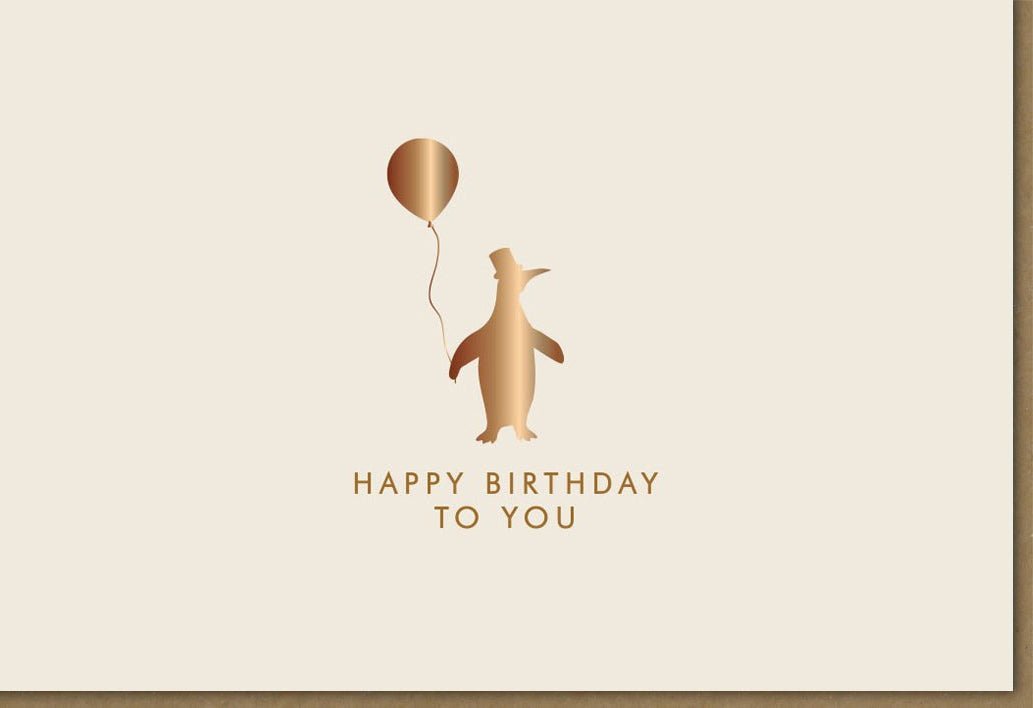Geburtstagskarte "Pinguin - Party" - Stilvolle Karte mit Goldakzenten und Happy Birthday Luftballon - Motiv, Beige Design für Kinder & Erwachsene