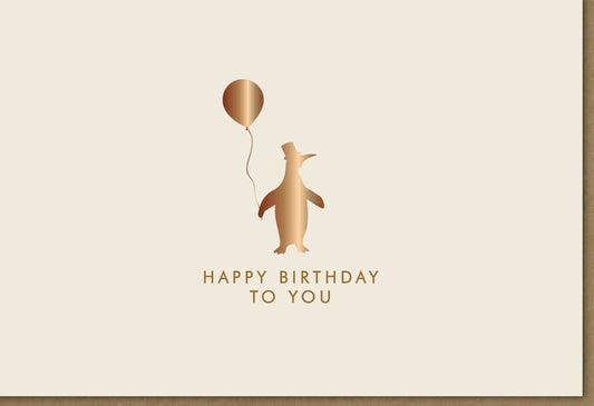Geburtstagskarte "Pinguin - Party" - Stilvolle Karte mit Goldakzenten und Happy Birthday Luftballon - Motiv, Beige Design für Kinder & Erwachsene