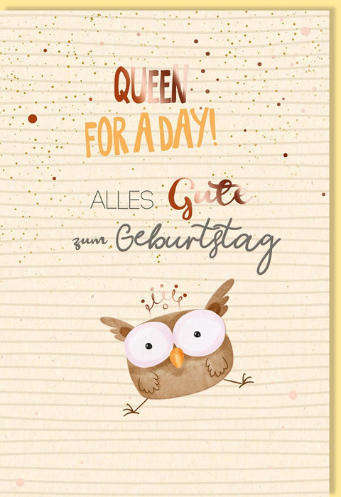 Geburtstagskarte "Queen Eule" für Frauen - Elegante Glückwünsche auf Zuckerrohrpapier in Beige & Gold, Ideal für Freundin, Schwester oder Mutter