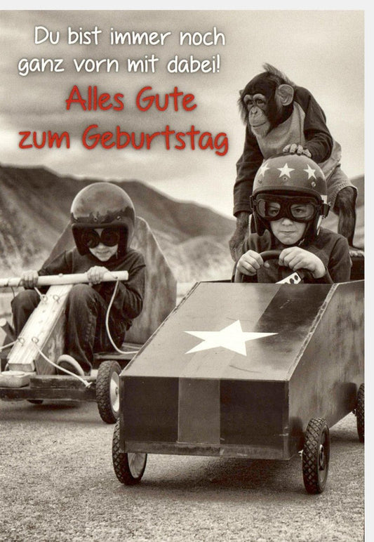 Geburtstagskarte "Rasantes Alter" - Witzige Seifenkistenrennen - Karte mit Retro - Charme und Affenmotiv für Jung und Alt