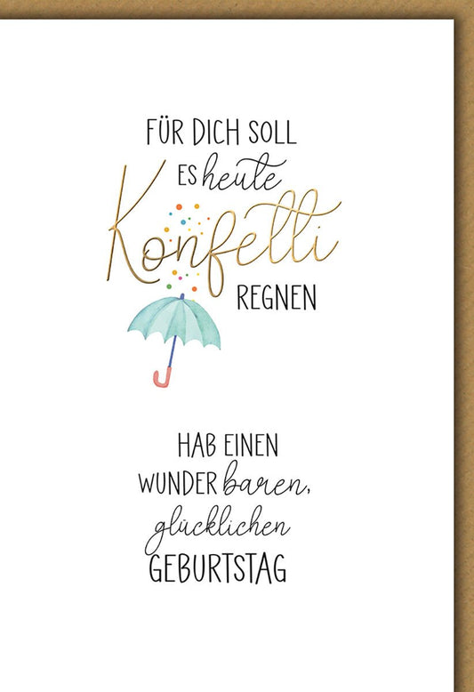 Geburtstagskarte Regenbogen – Aquarell Regenschirm mit Konfetti und verspieltem Spruch