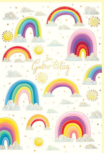 Geburtstagskarte Regenbogen & Wolken – Pastellfarbene Glückwunschkarte auf Naturkarton mit Goldfolie und Blindprägung für Kinder & Erwachsene