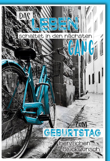 Geburtstagskarte Retro – Blaues Fahrrad in Altstadt mit Motivationsspruch