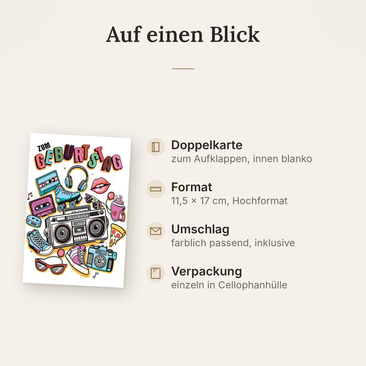 Geburtstagskarte Retro – Bunte 80er Jahre Symbole mit Boombox und Rollschuhen