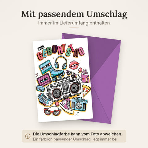 Geburtstagskarte Retro – Bunte 80er Jahre Symbole mit Boombox und Rollschuhen