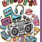 Geburtstagskarte Retro – Bunte 80er Jahre Symbole mit Boombox und Rollschuhen