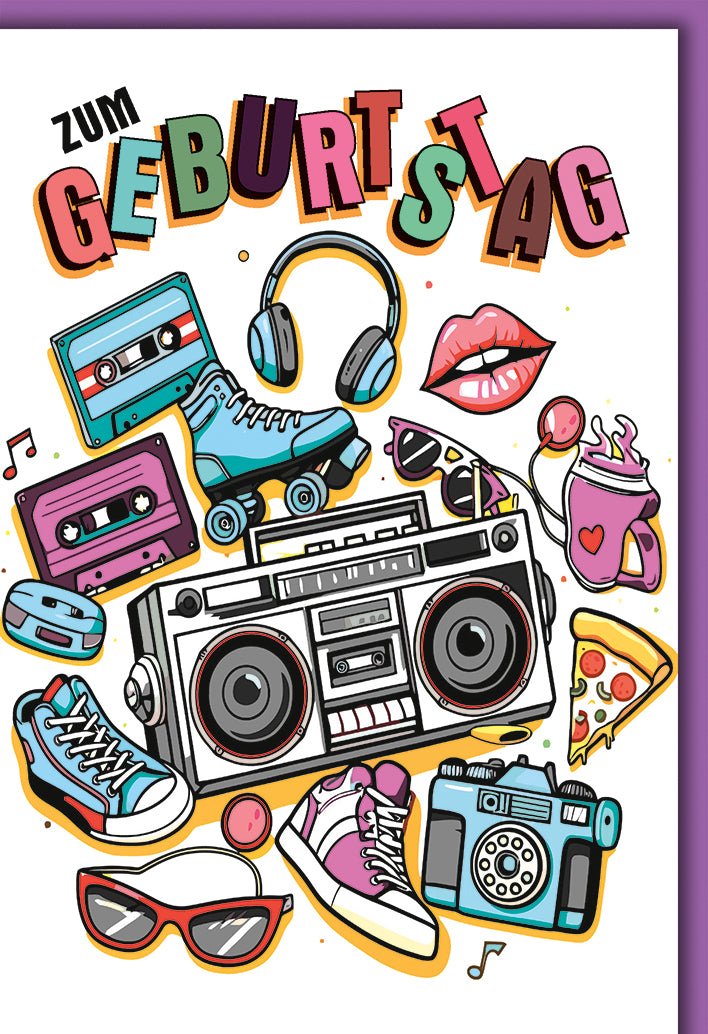 Geburtstagskarte Retro – Bunte 80er Jahre Symbole mit Boombox und Rollschuhen