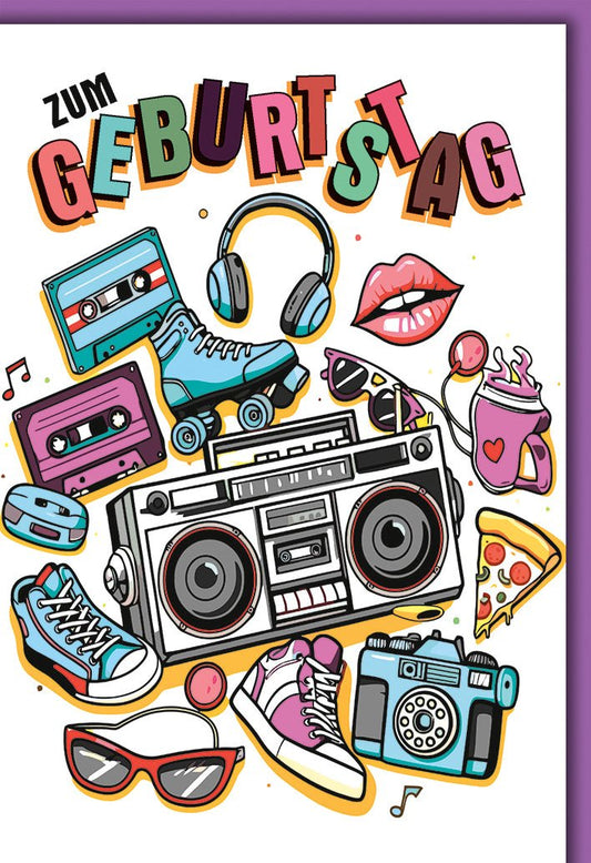 Geburtstagskarte Retro – Bunte 80er Jahre Symbole mit Boombox und Rollschuhen