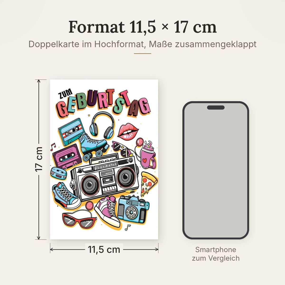 Geburtstagskarte Retro – Bunte 80er Jahre Symbole mit Boombox und Rollschuhen