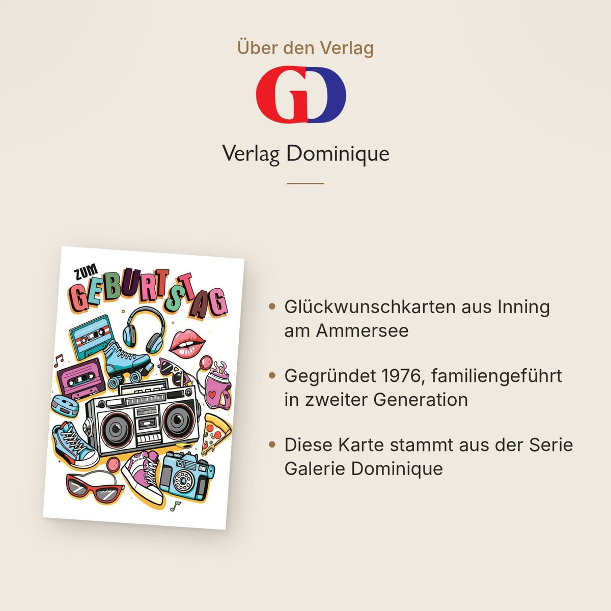 Geburtstagskarte Retro – Bunte 80er Jahre Symbole mit Boombox und Rollschuhen