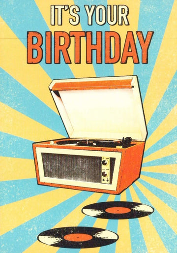 Geburtstagskarte Retro - Design: Schallplatte & Plattenspieler | Vintage Musik - Motiv | Farbenfrohe Vinyl - Illustration | Nostalgische Feierkarte
