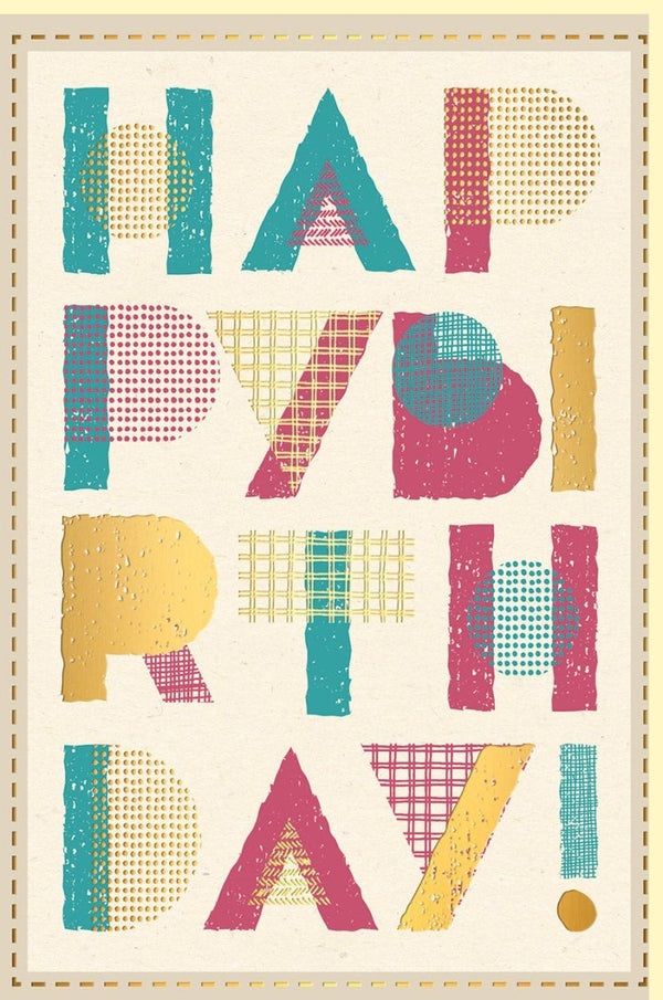 Geburtstagskarte Retro: Farbenfrohe Vintage Glückwunschkarte mit Typografie-Muster für Jubiläumsfeiern