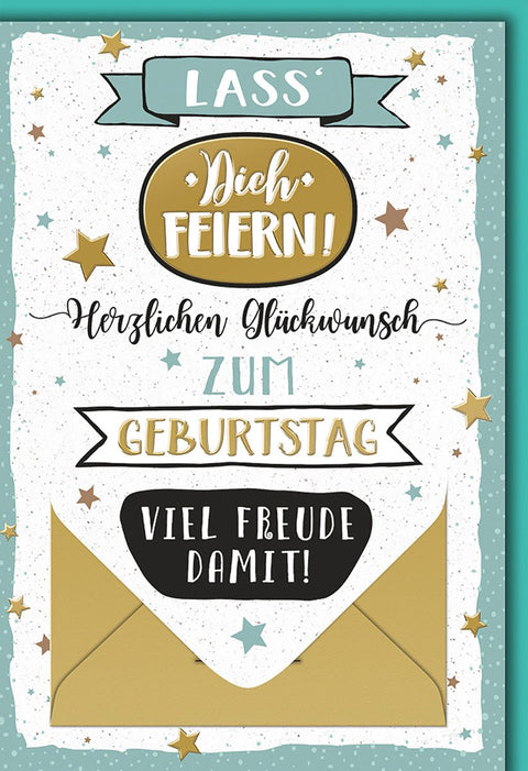 Geburtstagskarte Retro – Lass Dich Feiern! mit Goldsternen und Vintage - Design