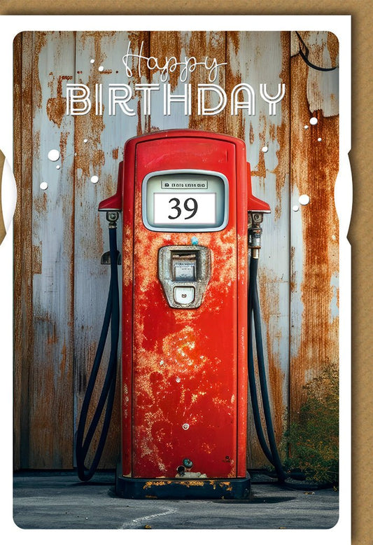 Geburtstagskarte Retro Männer – Rote Zapfsäule mit Vintage - Charme und Patina - Optik