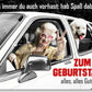 Geburtstagskarte - Retro Pudel im Auto, humorvolle Grüße für einen spaßigen Geburtstag