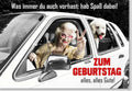 Geburtstagskarte - Retro Pudel im Auto, humorvolle Grüße für einen spaßigen Geburtstag