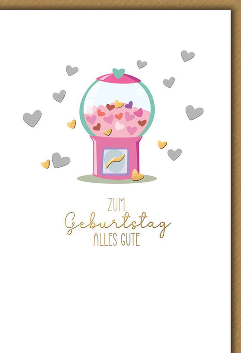 Geburtstagskarte Romantisch: Kaugummiautomat mit bunten Herzen, süße Illustration