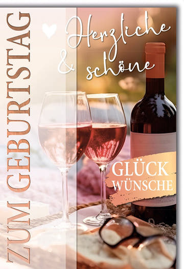 Geburtstagskarte Romantisch – Weinflasche mit Gläsern und Herz in sanften Pastelltönen