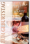 Geburtstagskarte Romantisch – Weinflasche mit Gläsern und Herz in sanften Pastelltönen