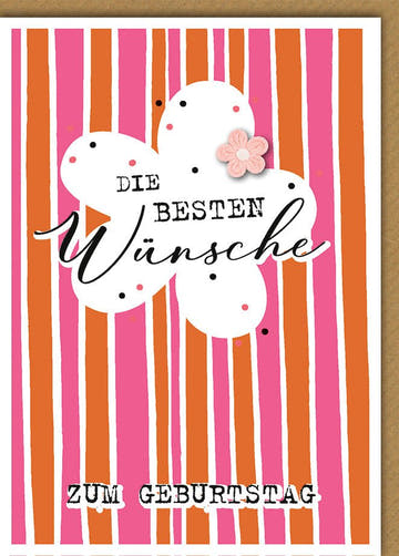 Geburtstagskarte Rosa Häkelblume auf bunten Streifen, orange - pink Design