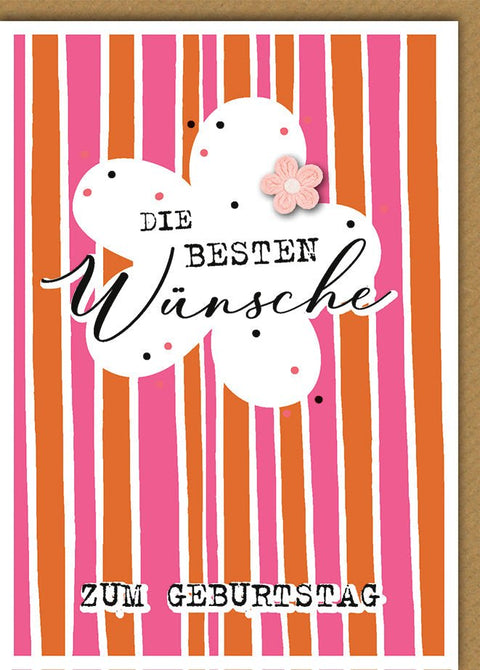 Geburtstagskarte Rosa Häkelblume auf bunten Streifen, orange - pink Design