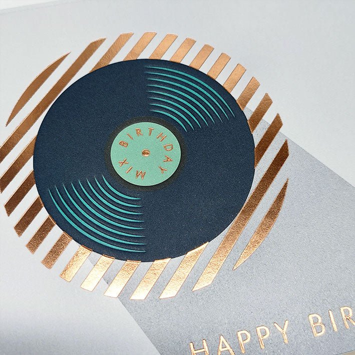 Geburtstagskarte Schallplatte mit Goldfolienprägung stilvolle Musik Doppelkarte für Musikliebhaber Happy Birthday Design
