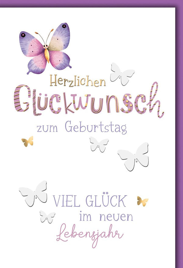 Geburtstagskarte Schmetterlinge – Aquarell-Design mit lila und goldenen Akzenten