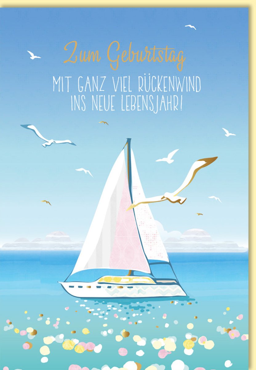 Geburtstagskarte Segelboot maritim mit Möwen und Blumenwiese geschäftlich modern Glückwünsche zum Geburtstag für Kollegen