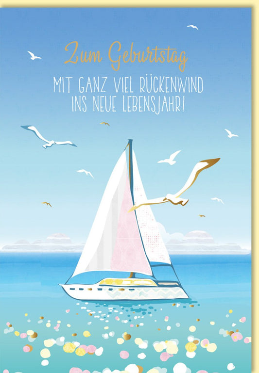 Geburtstagskarte Segelboot maritim mit Möwen und Blumenwiese geschäftlich modern Glückwünsche zum Geburtstag für Kollegen