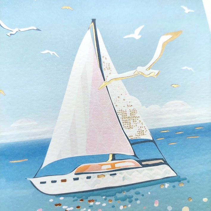 Geburtstagskarte Segelboot maritim mit Möwen und Blumenwiese geschäftlich modern Glückwünsche zum Geburtstag für Kollegen