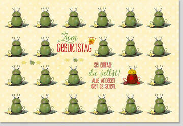Geburtstagskarte "Sei einfach Du selbst" – Humorvolle Frosch - Illustration in Gelb & Grün, Kreative Glückwünsche für Individualität