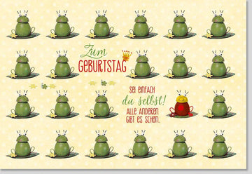 Geburtstagskarte "Sei einfach Du selbst" – Humorvolle Frosch - Illustration in Gelb & Grün, Kreative Glückwünsche für Individualität