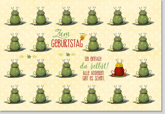 Geburtstagskarte "Sei einfach Du selbst" – Humorvolle Frosch - Illustration in Gelb & Grün, Kreative Glückwünsche für Individualität