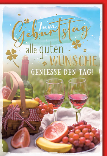Geburtstagskarte Sommer – Picknick mit Wein, Obst und Kleeblättern im Freien