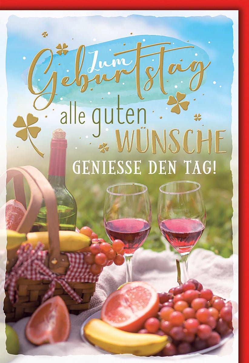 Geburtstagskarte Sommer – Picknick mit Wein, Obst und Kleeblättern im Freien