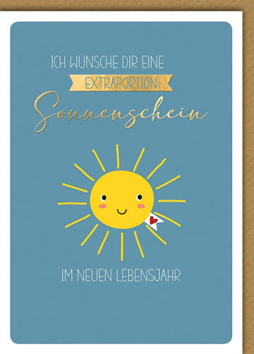 Geburtstagskarte Sonnenschein – Fröhliche Sonne mit Herz und Goldakzenten