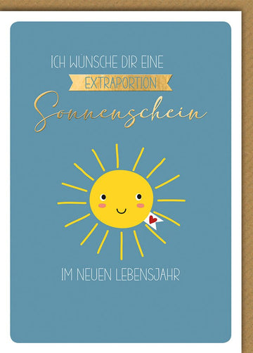 Geburtstagskarte Sonnenschein – Fröhliche Sonne mit Herz und Goldakzenten