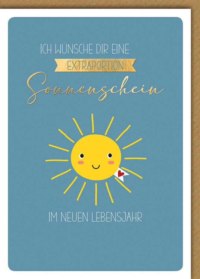 Geburtstagskarte Sonnenschein – Fröhliche Sonne mit Herz und Goldakzenten