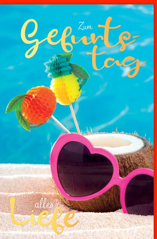 Geburtstagskarte "Sonnenschein" - Glückwünsche mit Sonnenbrille, Kokosnuss & Goldakzenten, ideal für Sommerfeste und Strandgeburtstage