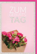 Geburtstagskarte stilvoll elegant: Glitzerrahmen, rosa Hintergrund & Rosenstrauß