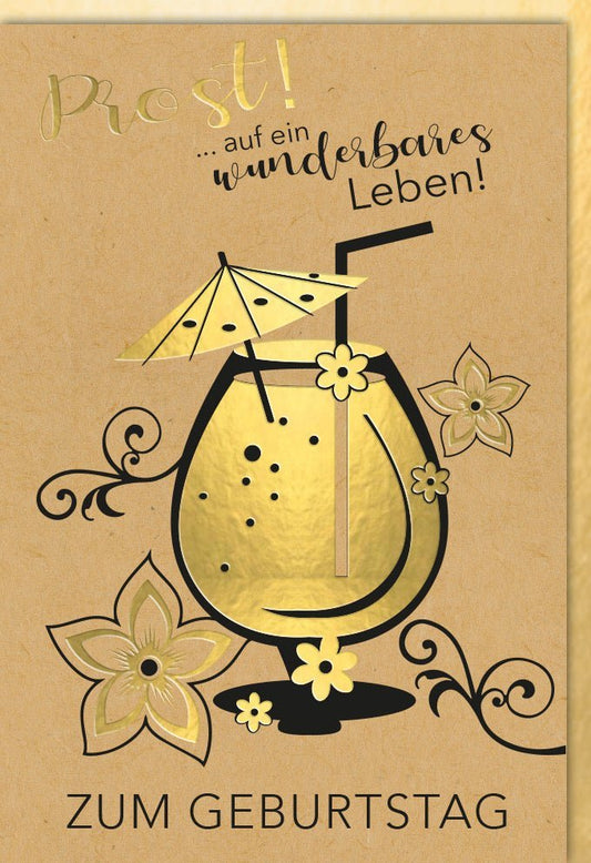 Geburtstagskarte - Stilvolle Glückwunschkarte mit Blumendekor und Goldakzenten, Champagner - Toast für besondere Anlässe