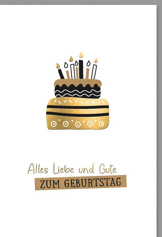 Geburtstagskarte - Stilvolle Glückwunschkarte mit Torte & Kerzen in Gold, Schwarz & Weiß für elegante Geburtstagsgrüße, geschäftlich