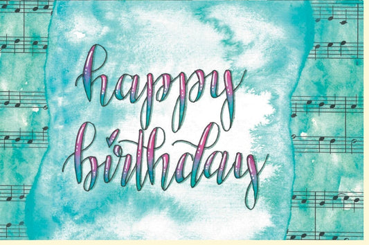 Geburtstagskarte - Stilvolle Karte mit Musiknoten, Aquarell in Türkis & Grün, "Happy Birthday" für besondere Gratulationen