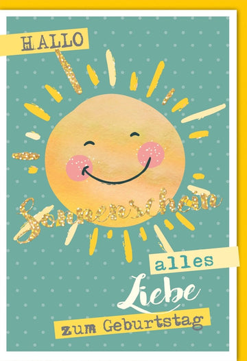 Geburtstagskarte - Strahlende Sonne & Smile Design in Gelb - Grün für Freude, Happy Birthday Sonnenschein Spaß