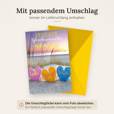 Geburtstagskarte Strand – Bunte Herzen im Sand mit Sonnenuntergang und Schriftzug