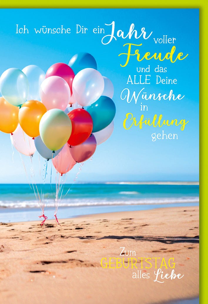 Geburtstagskarte Strand – Bunte Luftballons am Meer mit fröhlichem Wunschtext