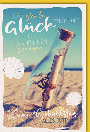 Geburtstagskarte "Strand-Flaschenpost" - Vintage Design mit Muscheln & Sand, Retro Glückwünsche