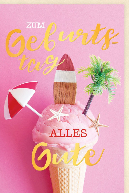Geburtstagskarte "Strandparadies" - Sommerliches Motiv mit Eiscreme, Palmen & Meer für eine fröhliche Feier
